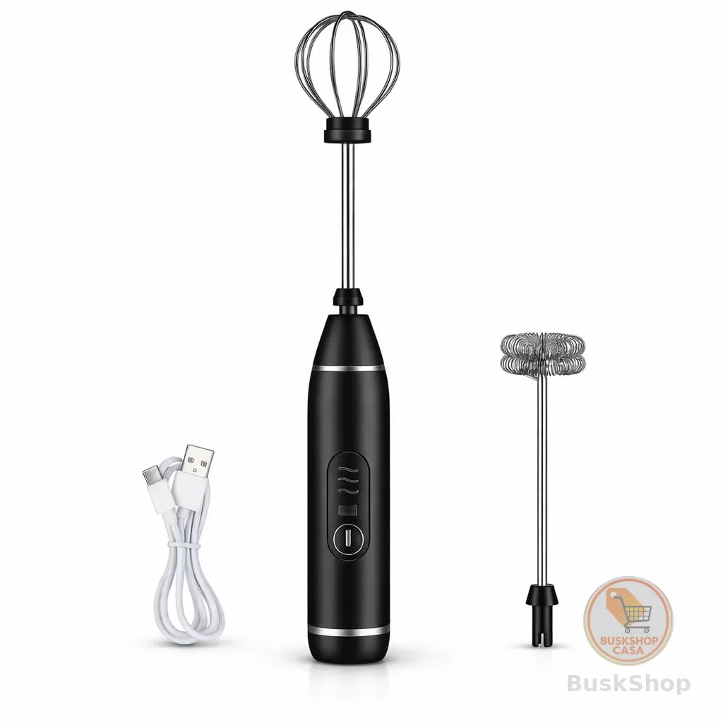 Mini Mixer Elétrico Portátil, 3 Velocidades, Batedor Fouet Inox, Recarregável USB Misturador para Bebidas e Ovos (Preto)