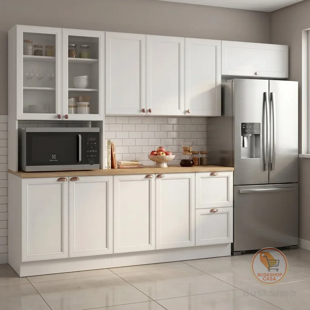 Cozinha Completa Modulada Americana 4 Peças com Paneleiro Torre Quente e Balcão com Tampo Unna Yesca Branco