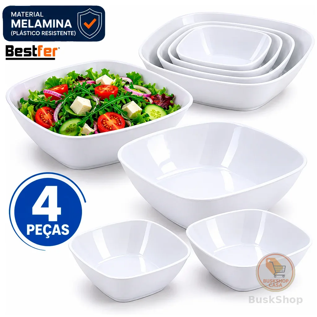 Conjunto Jogo de tigelas 4 peças Travessas Quadrada em Melanina Bowl opaline kit tigela Branca