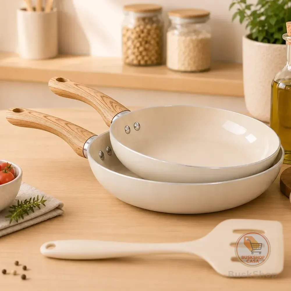 Kit 2 Frigideiras Cerâmica Antiaderente Com Espátula 3 Peças Bege