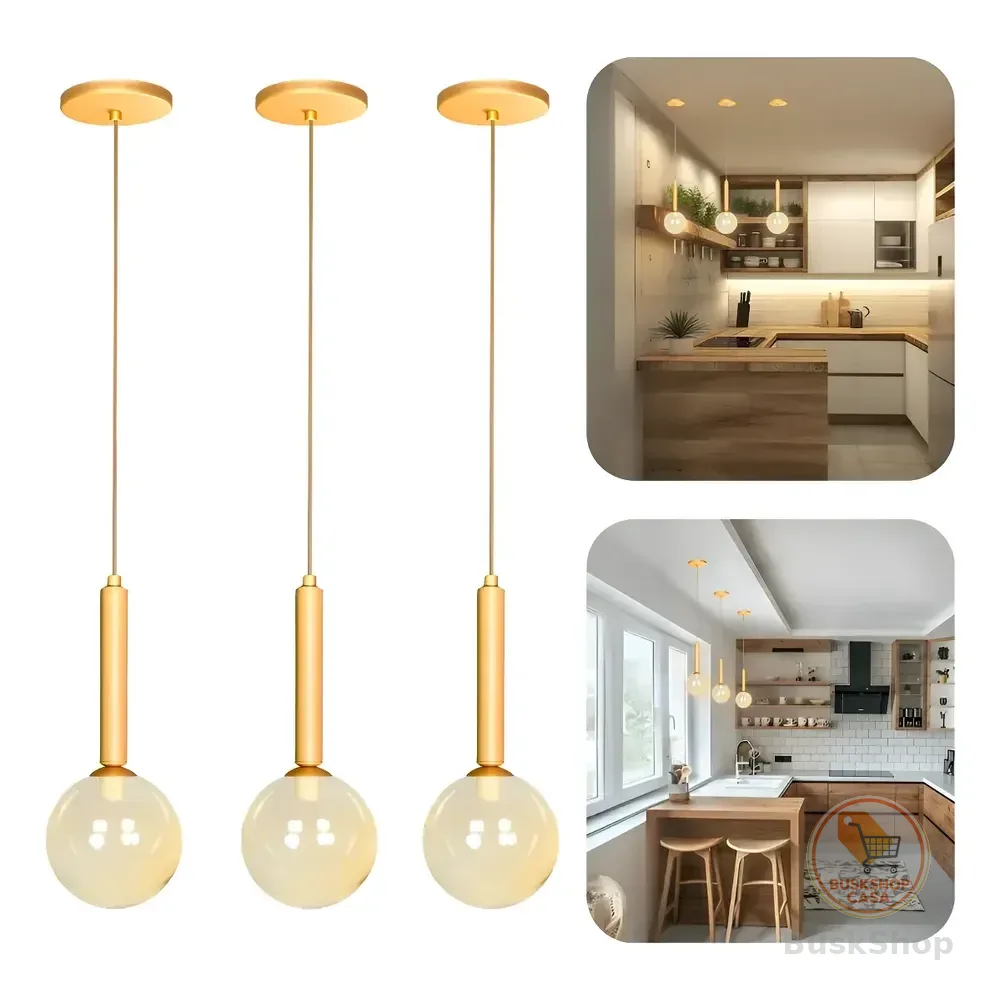 3 Luminárias Pendente Jabuticaba Lustre Quarto Globo 12cm G9 Bivolt Dourado - Âmbar