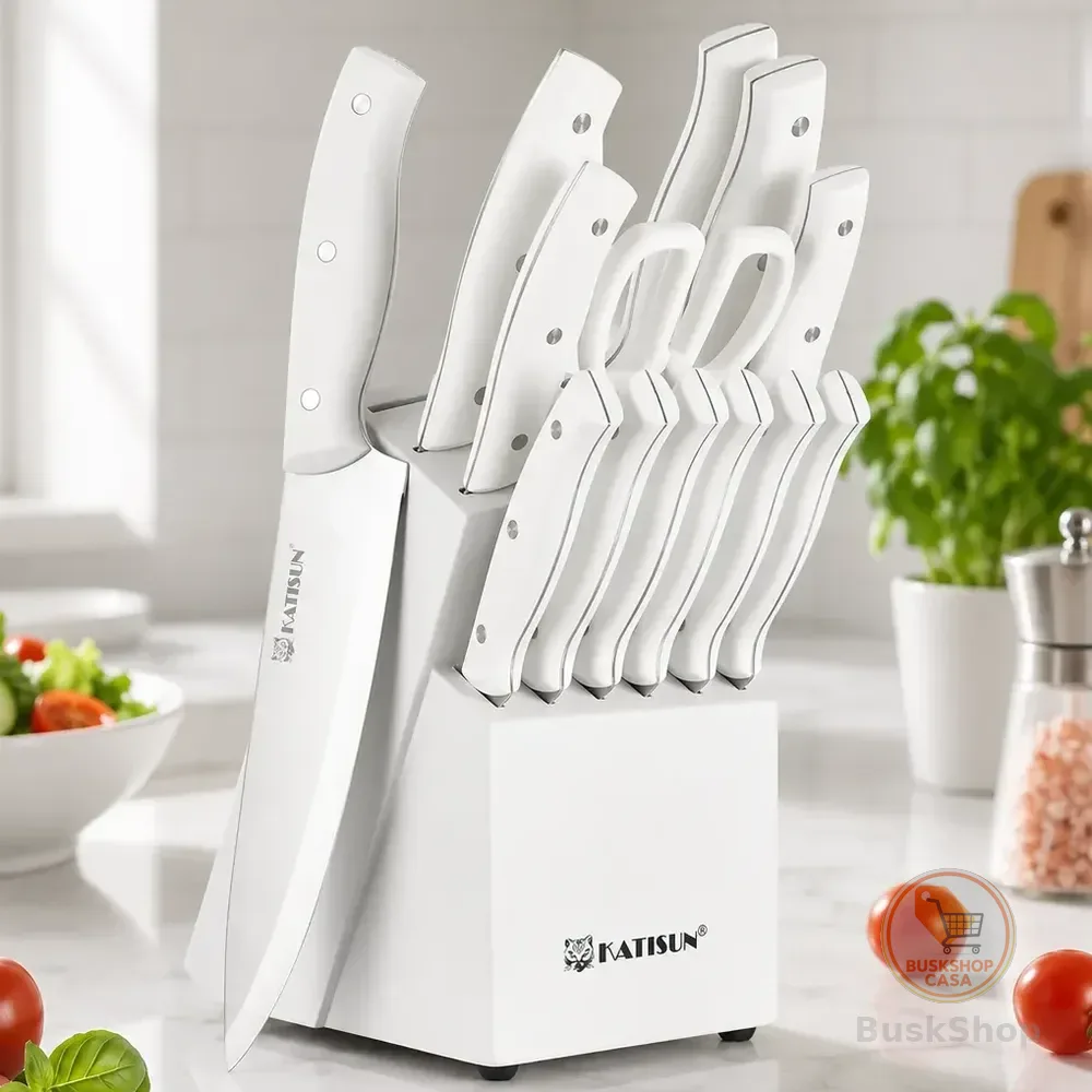 Jogo 15 Facas Inox Branco Para Cozinha Com Bloco Afiador Branco