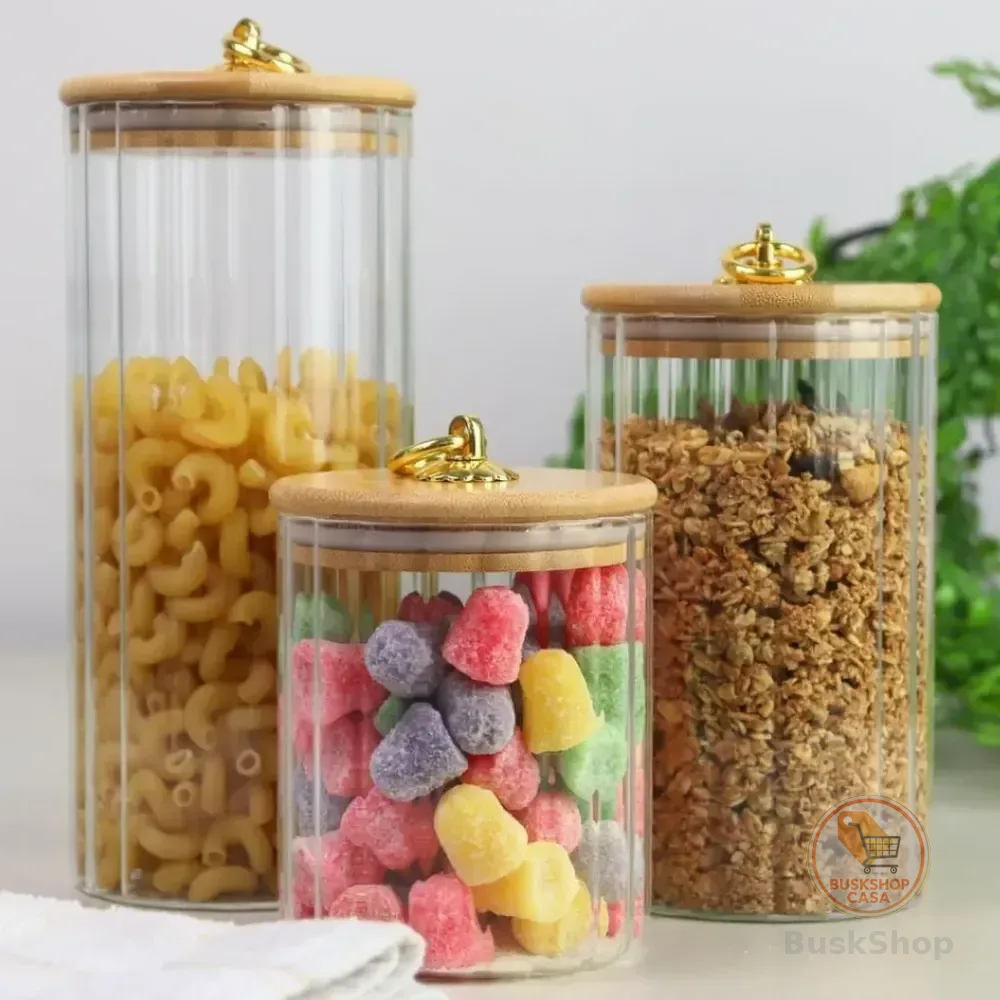 Kit Potes Porta Mantimentos Bolinha Transparente Tampa Bambu Kit De 3 Potes De Canelado Transparente Argola Pmg