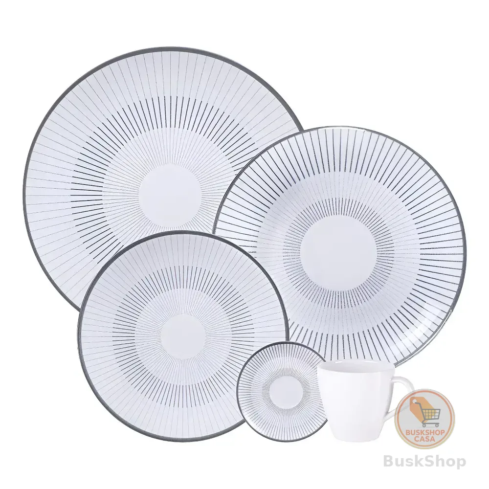 Aparelho De Jantar Tramontina Griz Porcelana Decorada 20 Peças Branco Com Cinza Liso