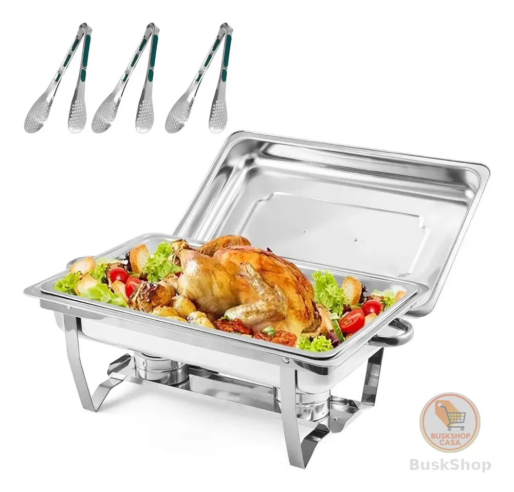 Rechaud Aço Inox Com Cubas Retangular Com 3 Pinça Inox