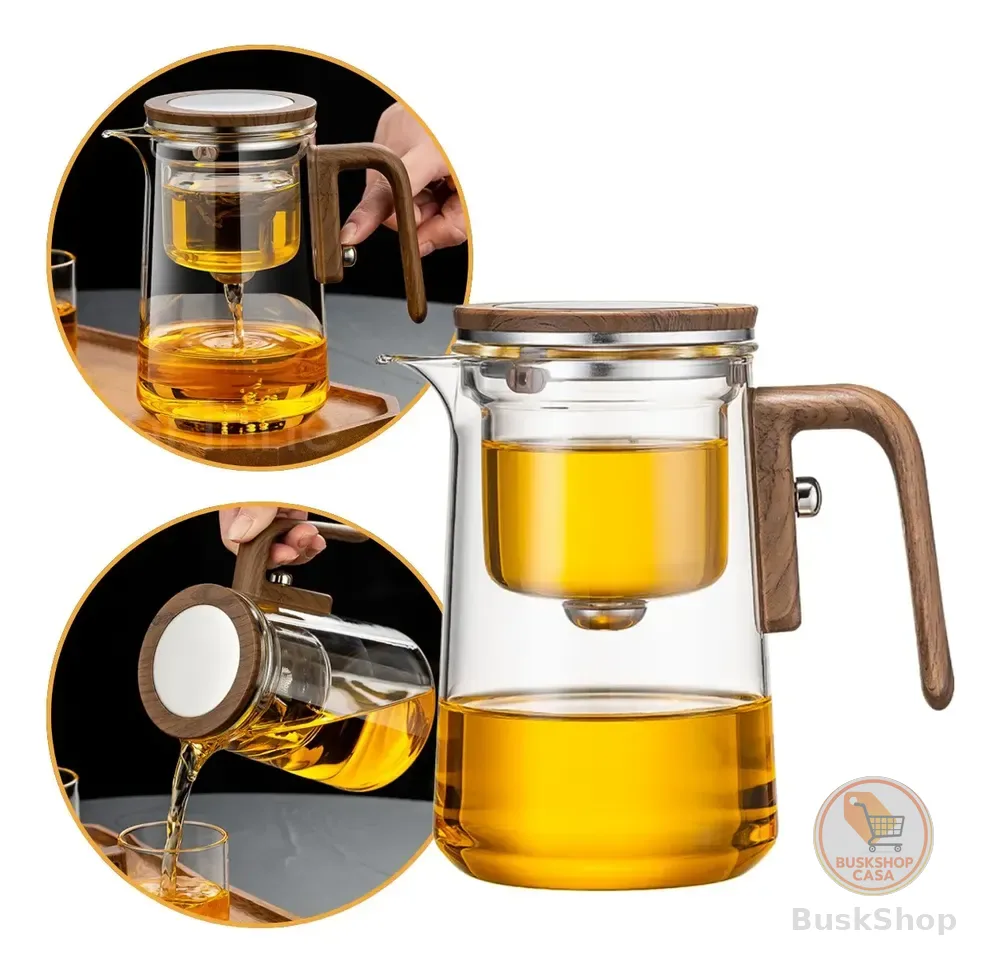 Chaleira Bule Vidro Infusor De Chá Inox 800ml Cabo Madeira