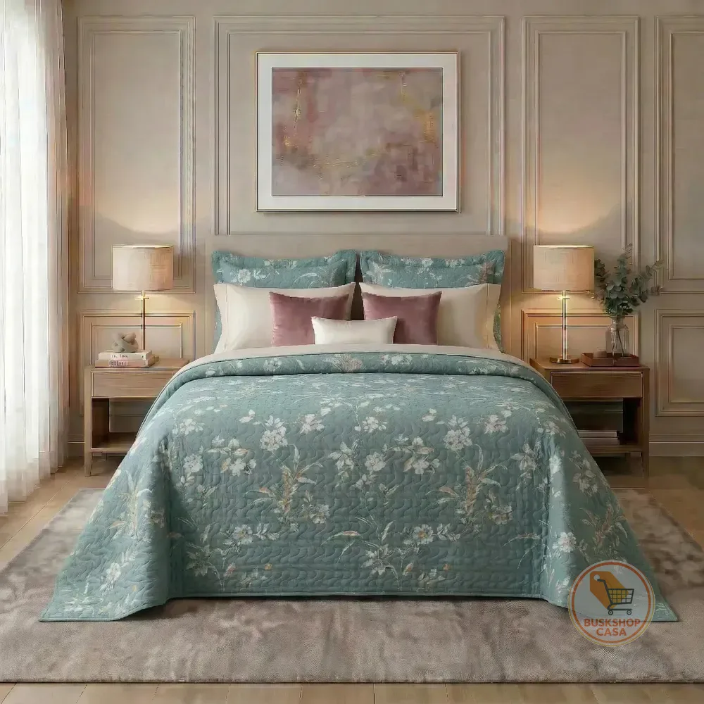 Colcha Cobre Leito Queen Estampada Floral Dupla Face Kit 3 Peças Microfibra 150 Fios Matelassê Antialérgica Porta Travesseiro Aba Americana Não Desbota Toque Macio Leve Cama Box Secagem Rápida