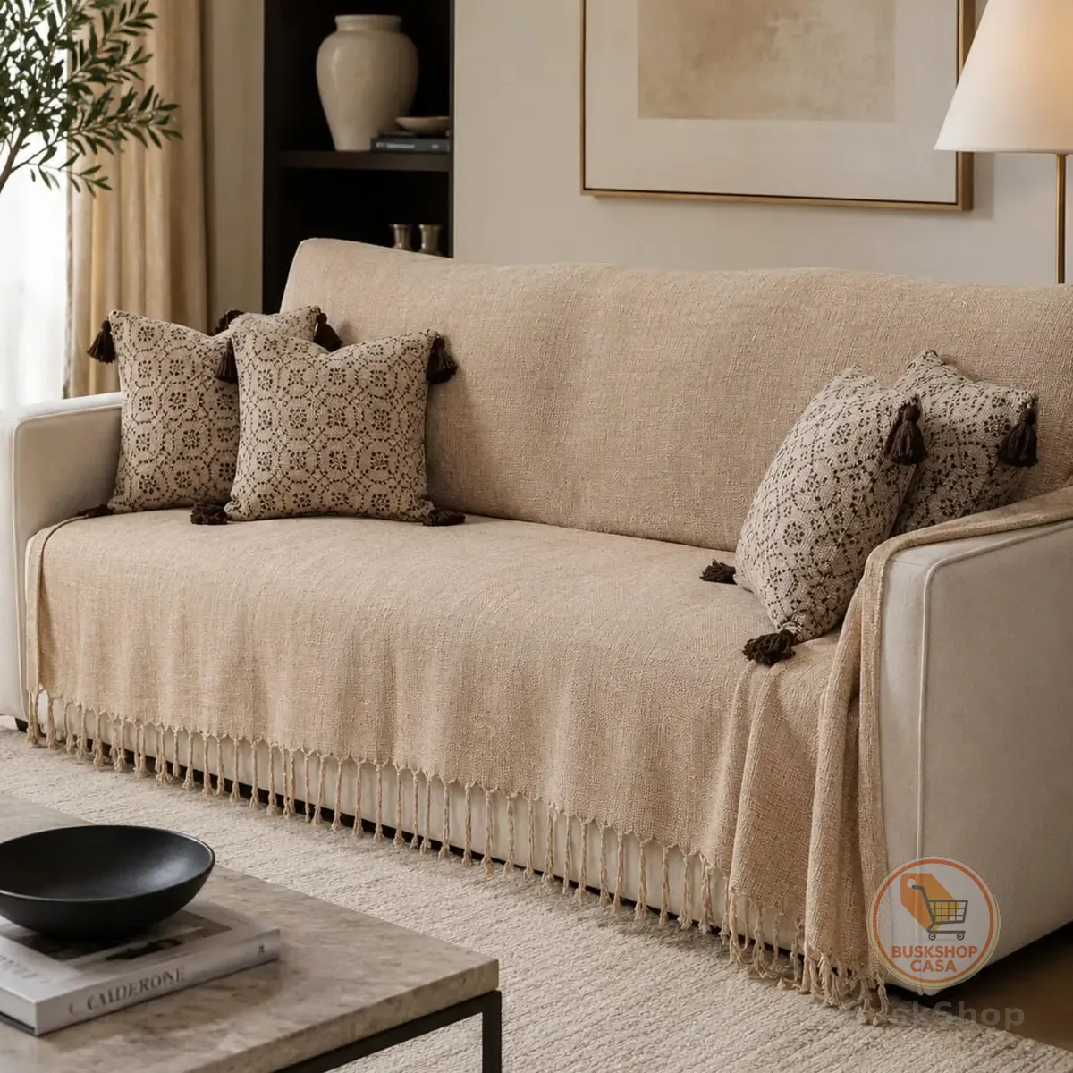 Manta para Sofá 3 Lugares 1,80 × 2,40 m – Algodão 100% com Franjas Decorativas, Protetora para Pets, Toque Macio e Aconchegante (BEGE)
