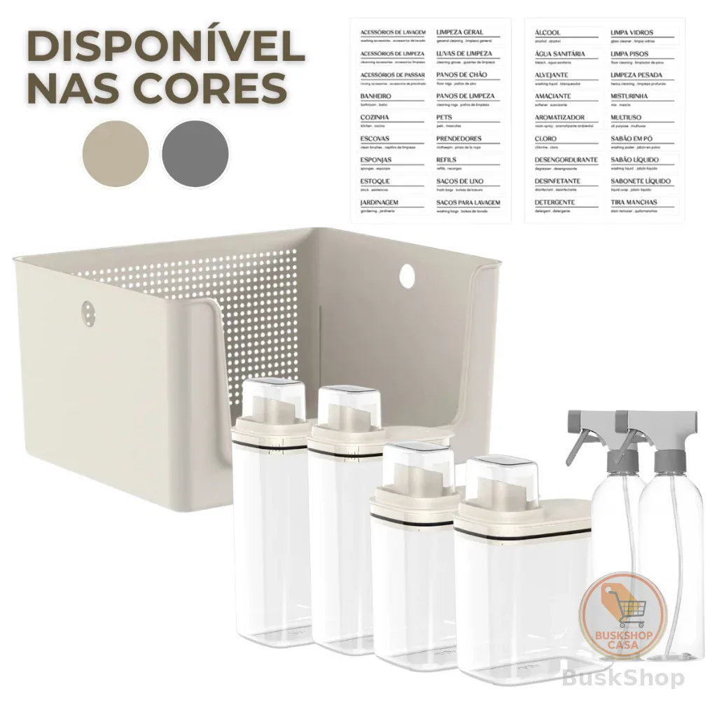 Kit Para Lavanderia 7 Peças Cesto Organizador Dispenser Sabão Borrifador e Etiquetas