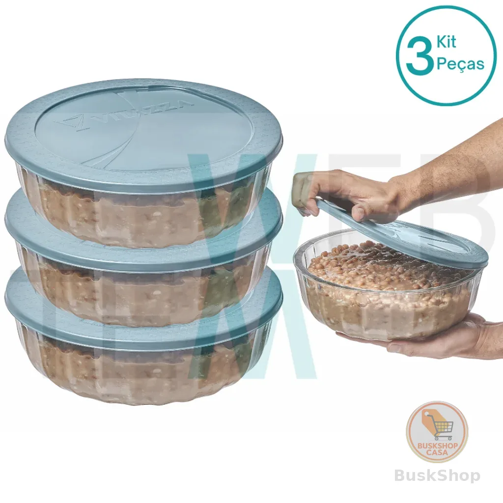 Kit 3 Potes Tigela Saladeira de Vidro com Tampa Plástica Oceani 1,5 litro Vitazza: Para Servir