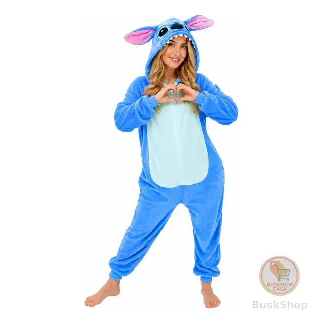 Pijama Macacão Kigurumi Stitch Feminino Adulto Plush Zíper
