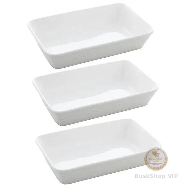 Kit 3 Travessas de Porcelana Assadeiras Retangulares 26x17cm Brancas Sobremesa Lasanha