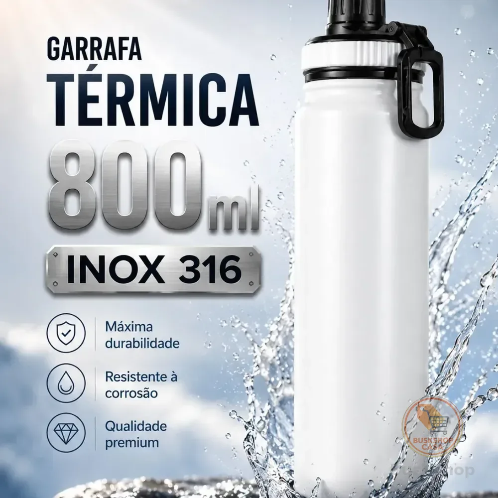 Garrafa Térmica 800ml Água Azarte Inox Academia Com Alça Branca