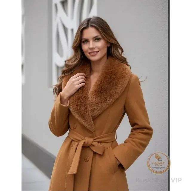 Casaco Sobretudo Feminino Lã Batida Com Gola De Pelo