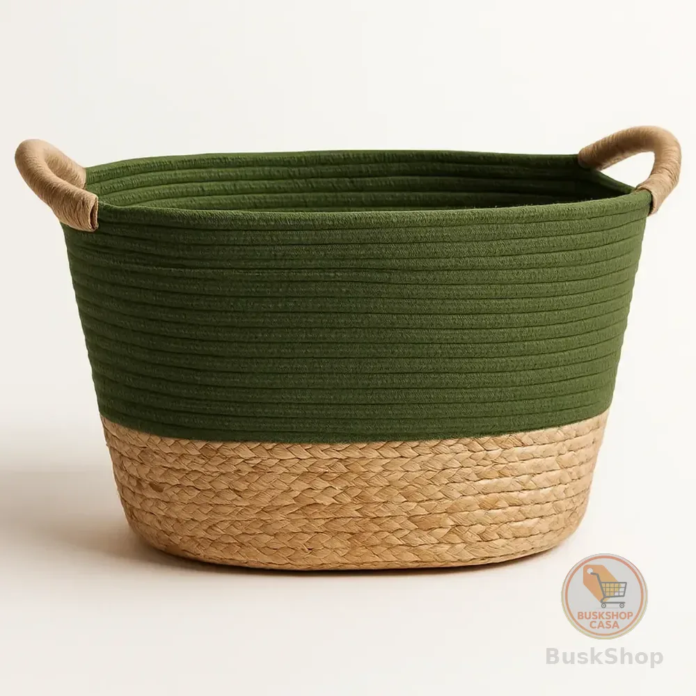 Cesto Fibra Natural Organizador Manta Roupa Sala Casa Jardim Fibra E Algodão Verde Esmeralda