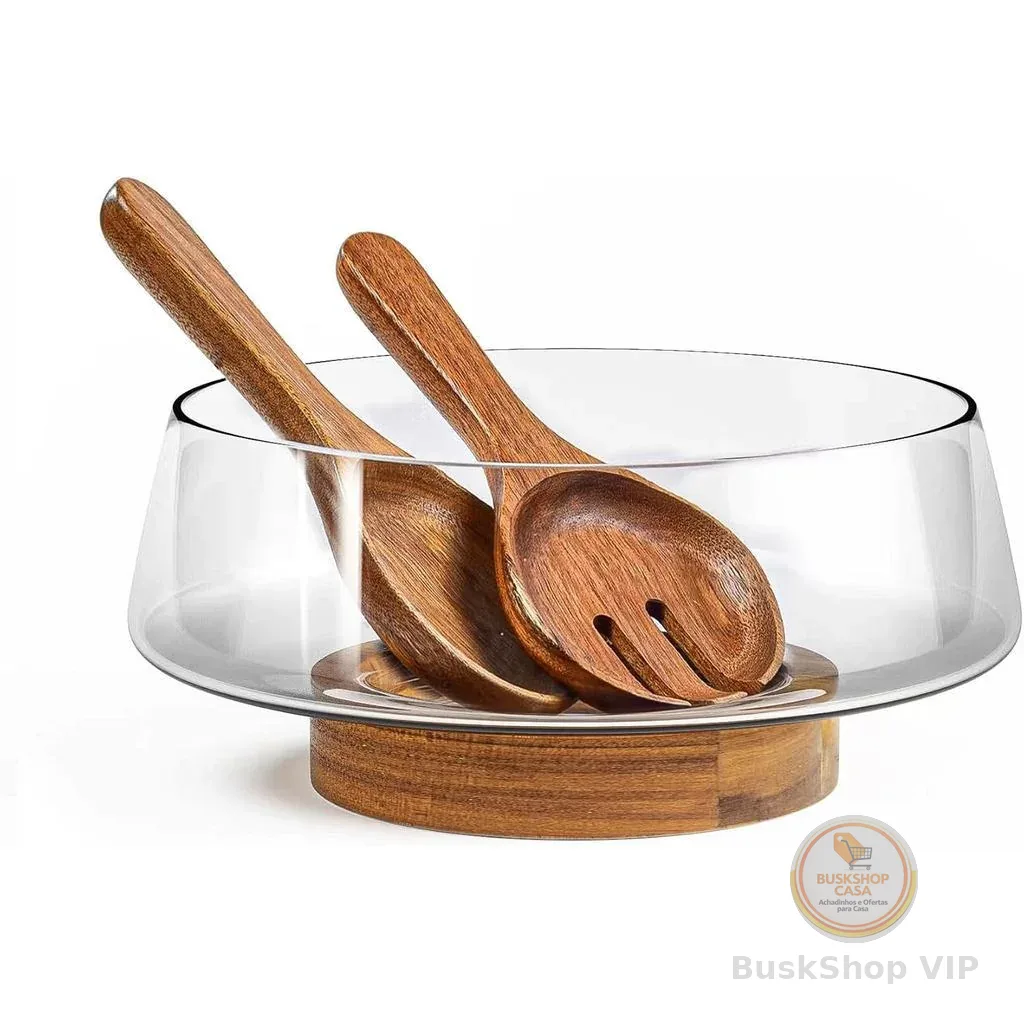Conjunto de Saladeiras de Vidro Extra Grande KITEIS - Saladeiras para Festas com Base de Madeira de Acácia e Utensílio