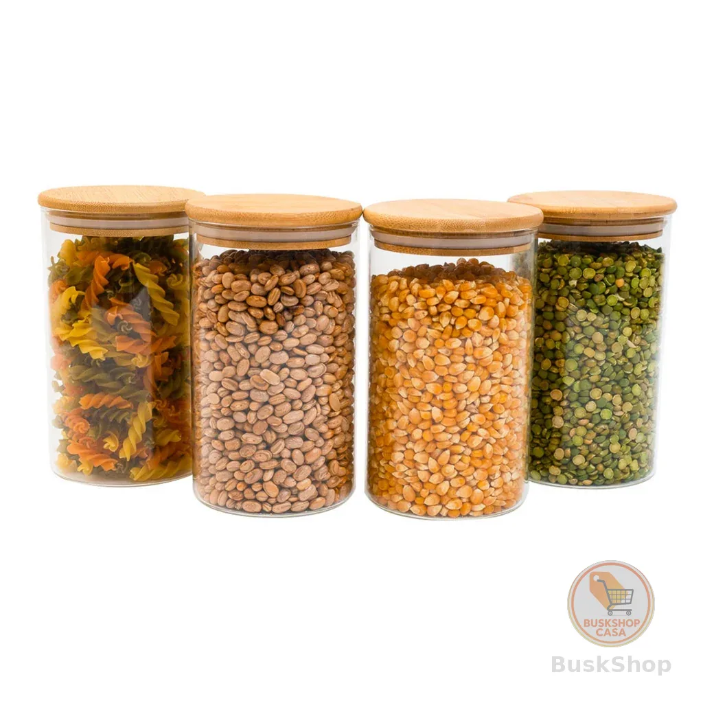 Kit 4 potes de vidro 1,1L tampa de bambu herméticos redondos - Tüd