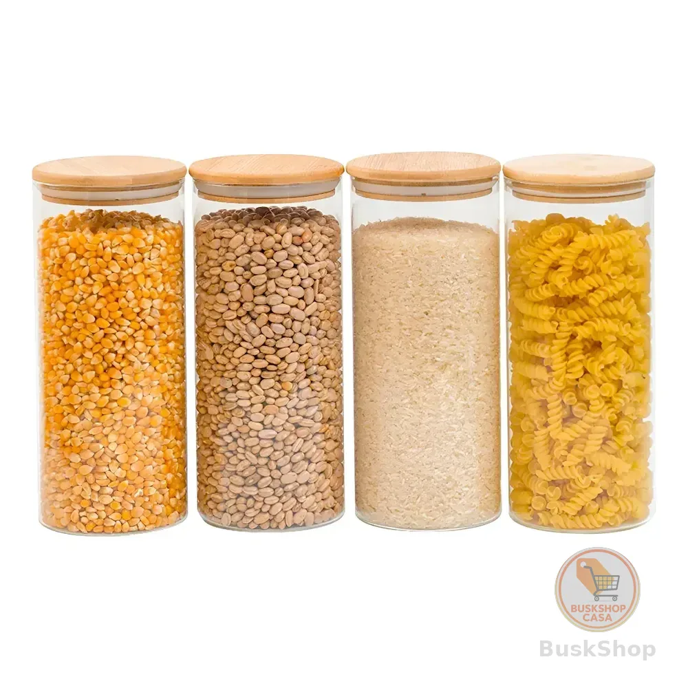 Kit 4 Potes Vidro Herméticos 1.65l Tampa Bambu Tud Redondo Armazenamento Nude