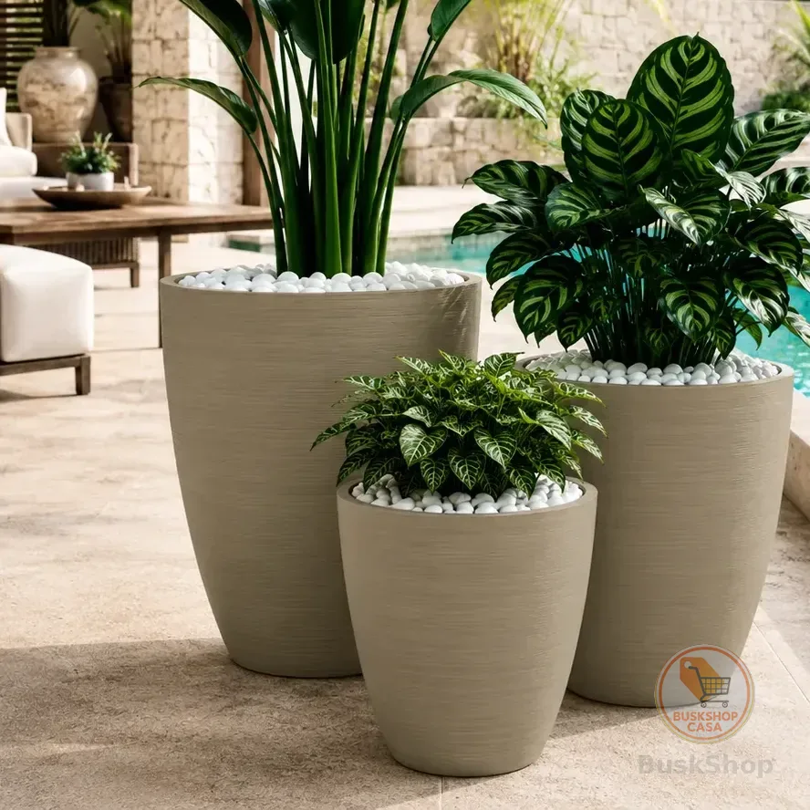 Kit 3 Vasos Plantas Flores Decorativo Grande Alto Escovado Bege