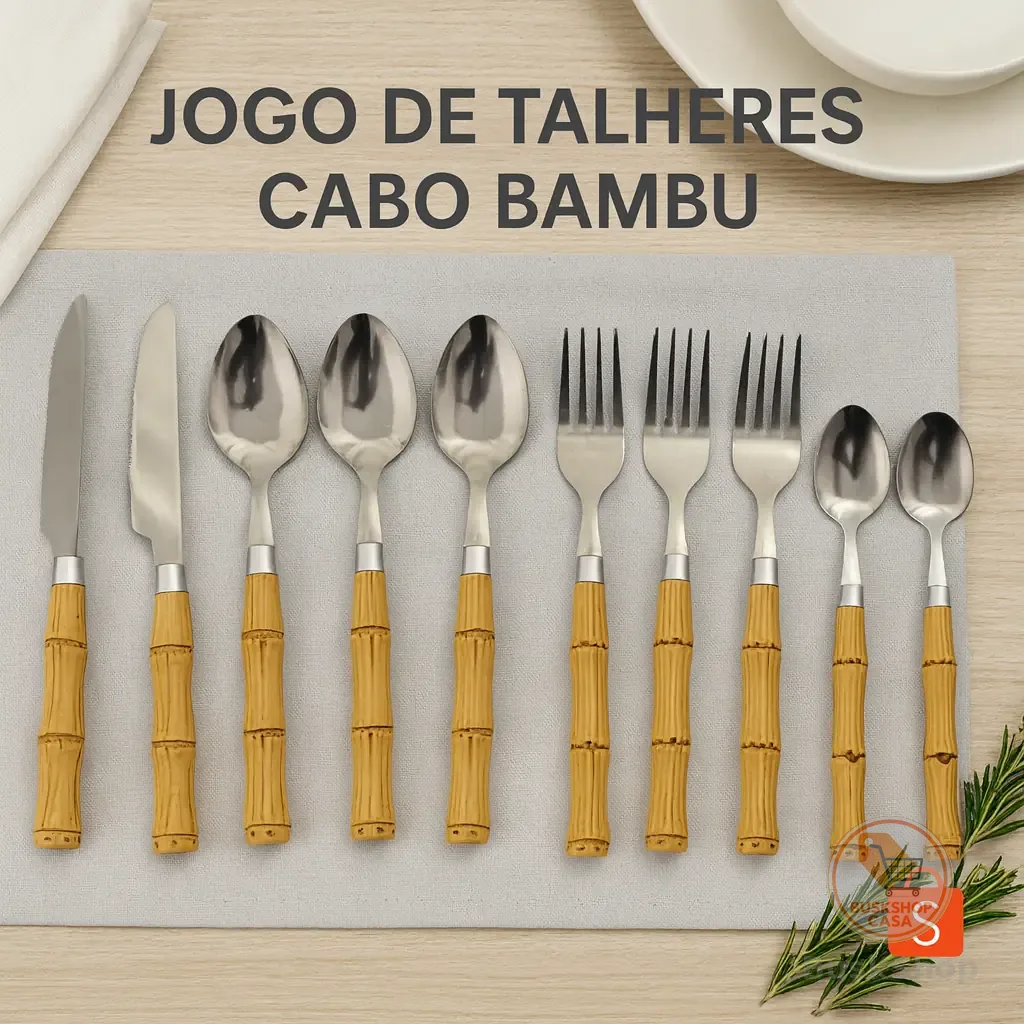 Jogo 12 ou 24 Talheres Cabo Bambu Inox Luxo Cozinha
