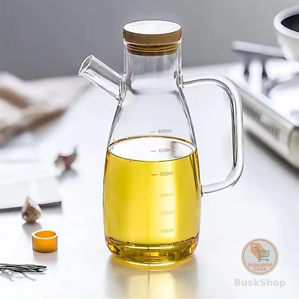 Galheteiro De Vidro 650ml Com Bico Para Azeite Vinagre Tampa De Bambu
