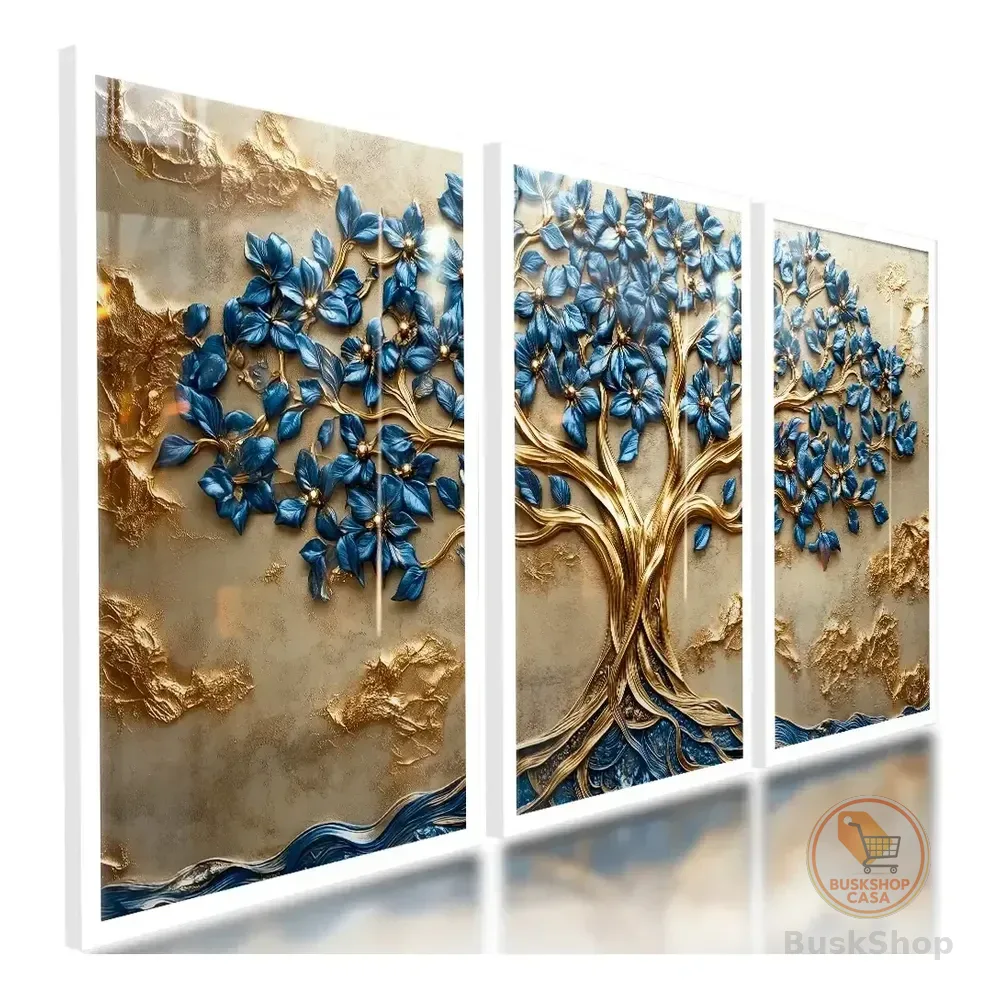Kit Quadros Decorativos Árvore Da Vida 3d Azul Gold 3 Peças Borda Infinita Madeira Mdf Painel Resistente Tratada Imunisada Vinil Alto Brilho Importado