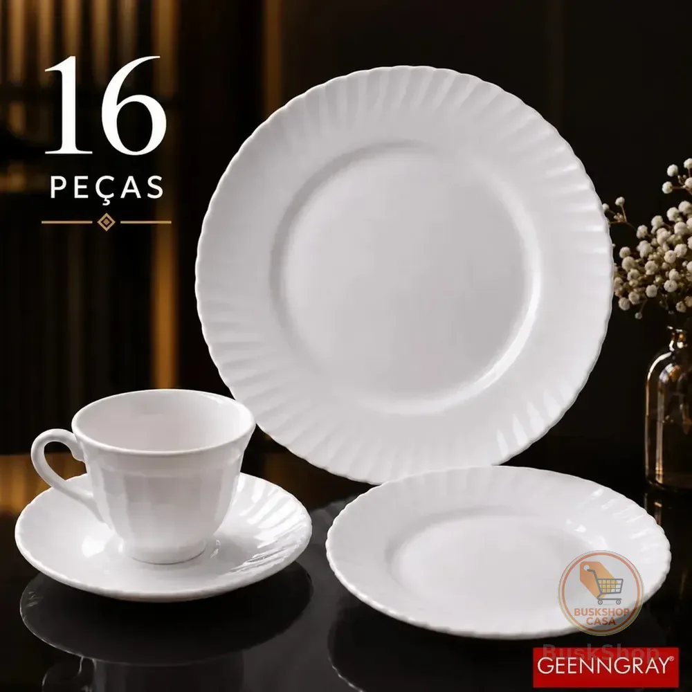 Aparelho De Jantar + Jogo Chá 16 Peças Completo Branco Liso Vidro Duralex Mesa Posta Resistente Moderno Geenngray Lisa