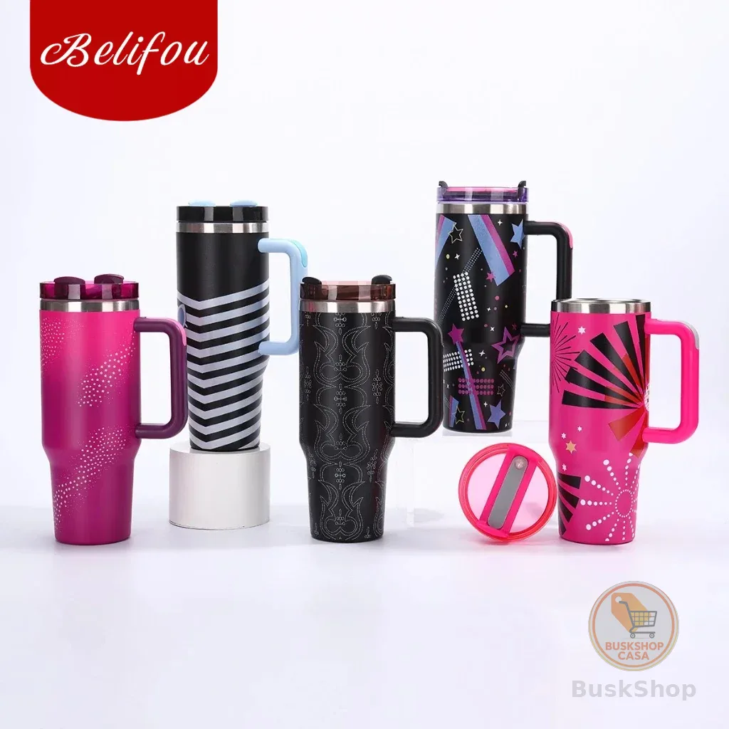 Belifou Garrafa Térmica Copo Boneca Rosa 1200ml Inox Com Tampa e Canudo Personalizado Modelo