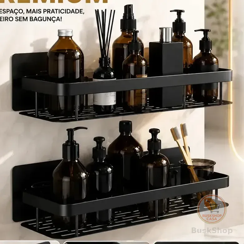 Kit 2 Suporte Porta Shampoo Sabonete Prateleira Banheiro Adesivo Parede Sem Furar Box Luxo Pétalas Douradas Organizador Alumínio Preto Antiferrugem Premium