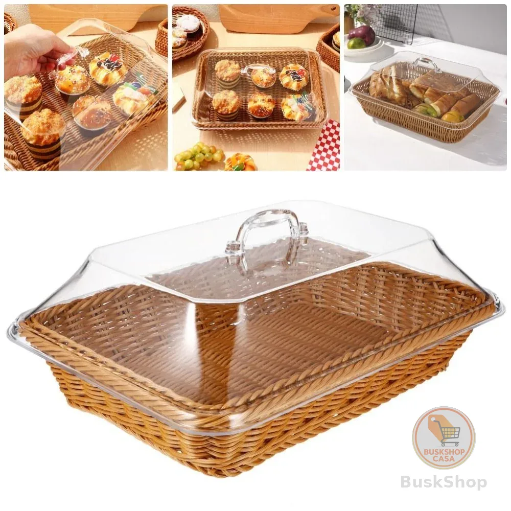 Cesta de pão de vime tecida à mão com tampa Cesta de armazenamento de drenagem de frutas 35 * 25 * 15 CM