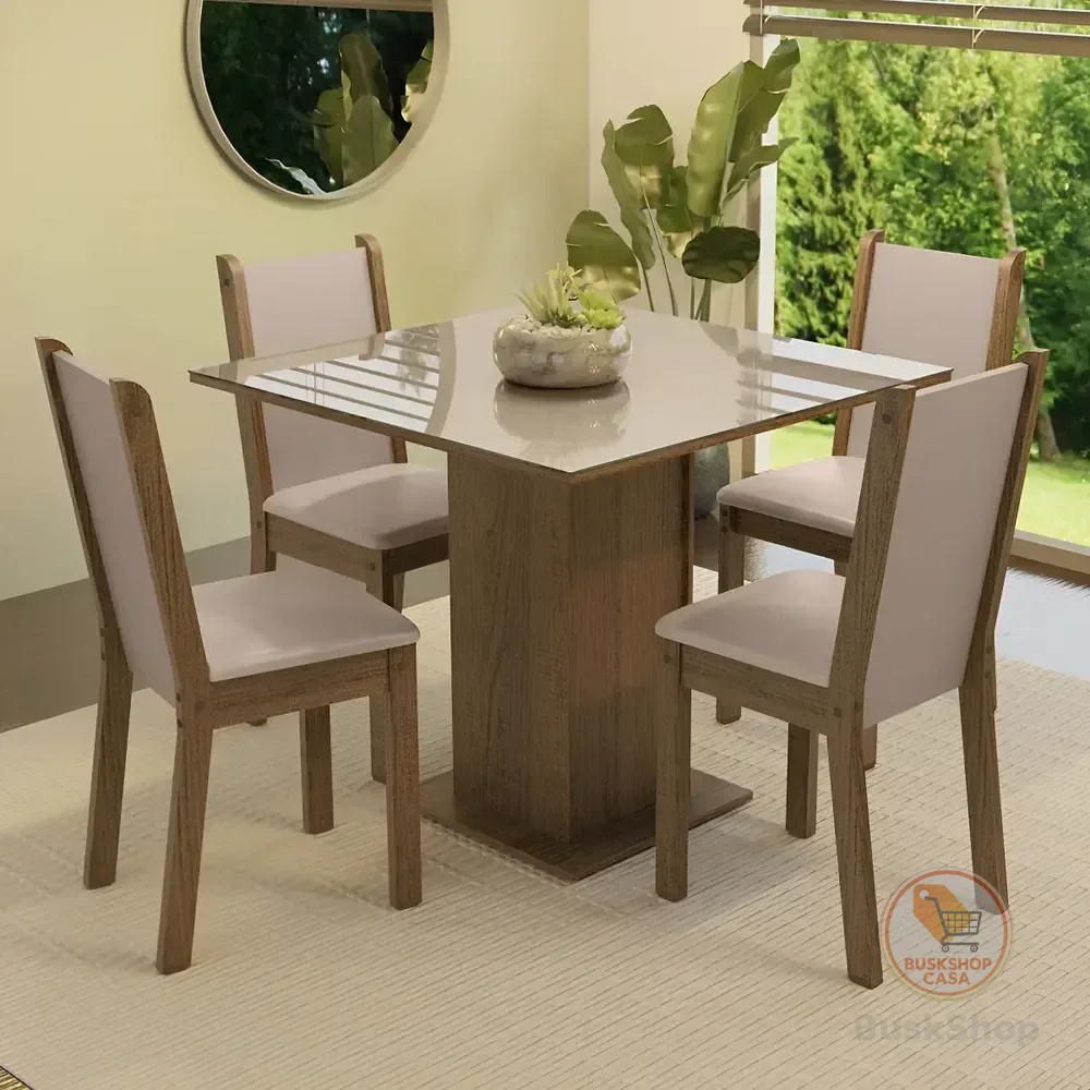 Sala De Jantar Mesa Tampo De Vidro 4 Cadeiras Tifani Madesa Cor Rustic/crema/sintético Bege Xmmdja040165
