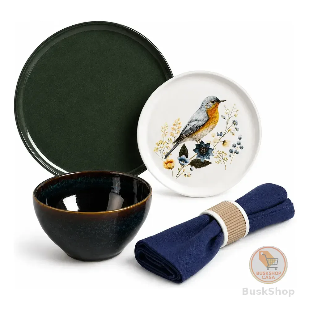 Jogo Mesa Posta 5 Peças Porto Brasil Pratos Bowl Guardanapo Verde Escuro/branco Pássaro