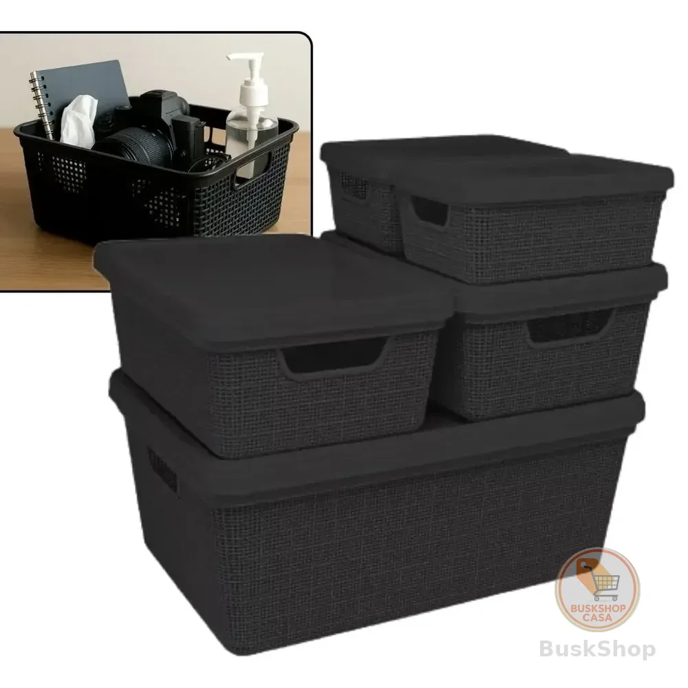 Kit 5 Caixas Organizadoras Cesto Tampa Multiuso 2l 6l 16l Preto Liso