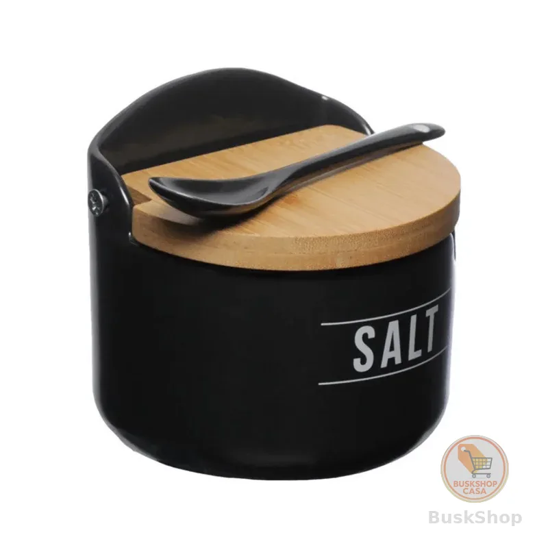 Saleiro De Porcelana Com Tampa De Bambu Porta Tempero Manhattan com Colher de Porcelana GOURMET