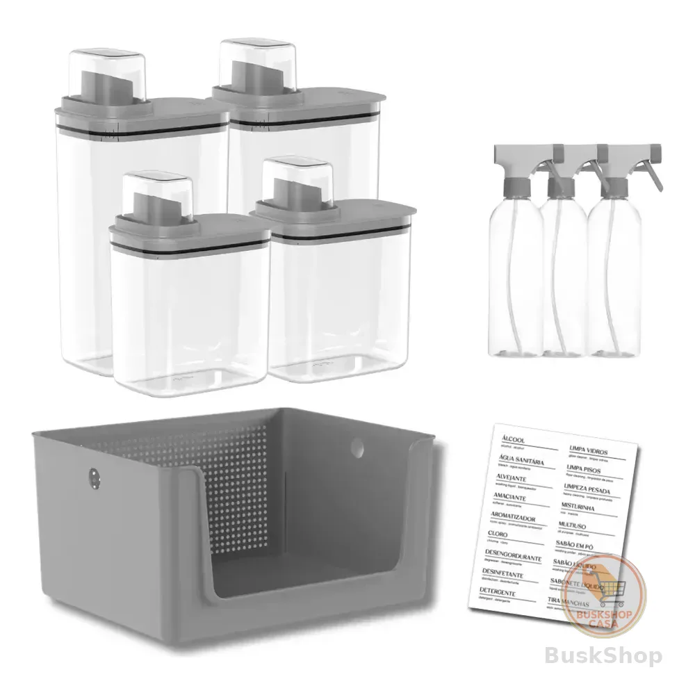 Kit Lavanderia 8 Peças Cesto Dispenser Borrifador Etiquetas Chumbo
