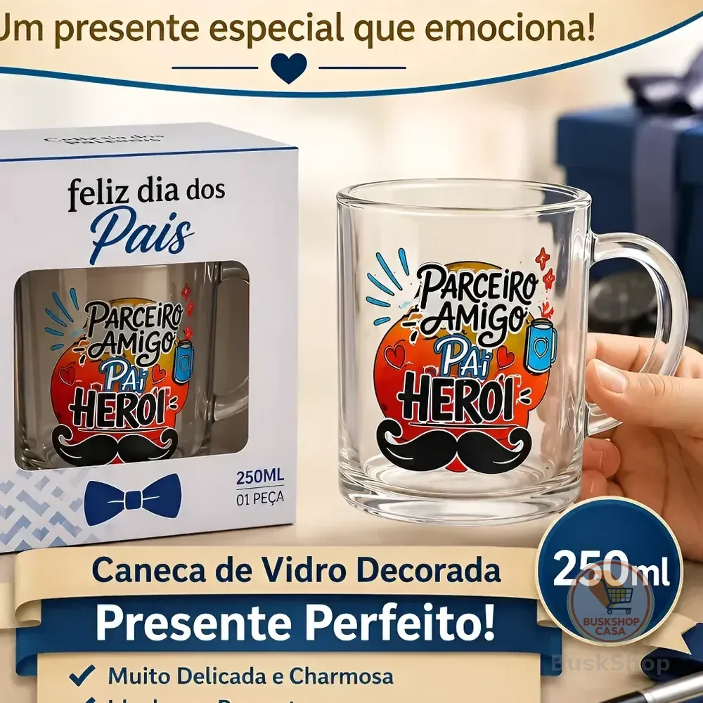 10 Caneca Vidro Dia Dos Pais Caixa Presente Revenda Premium Sortido