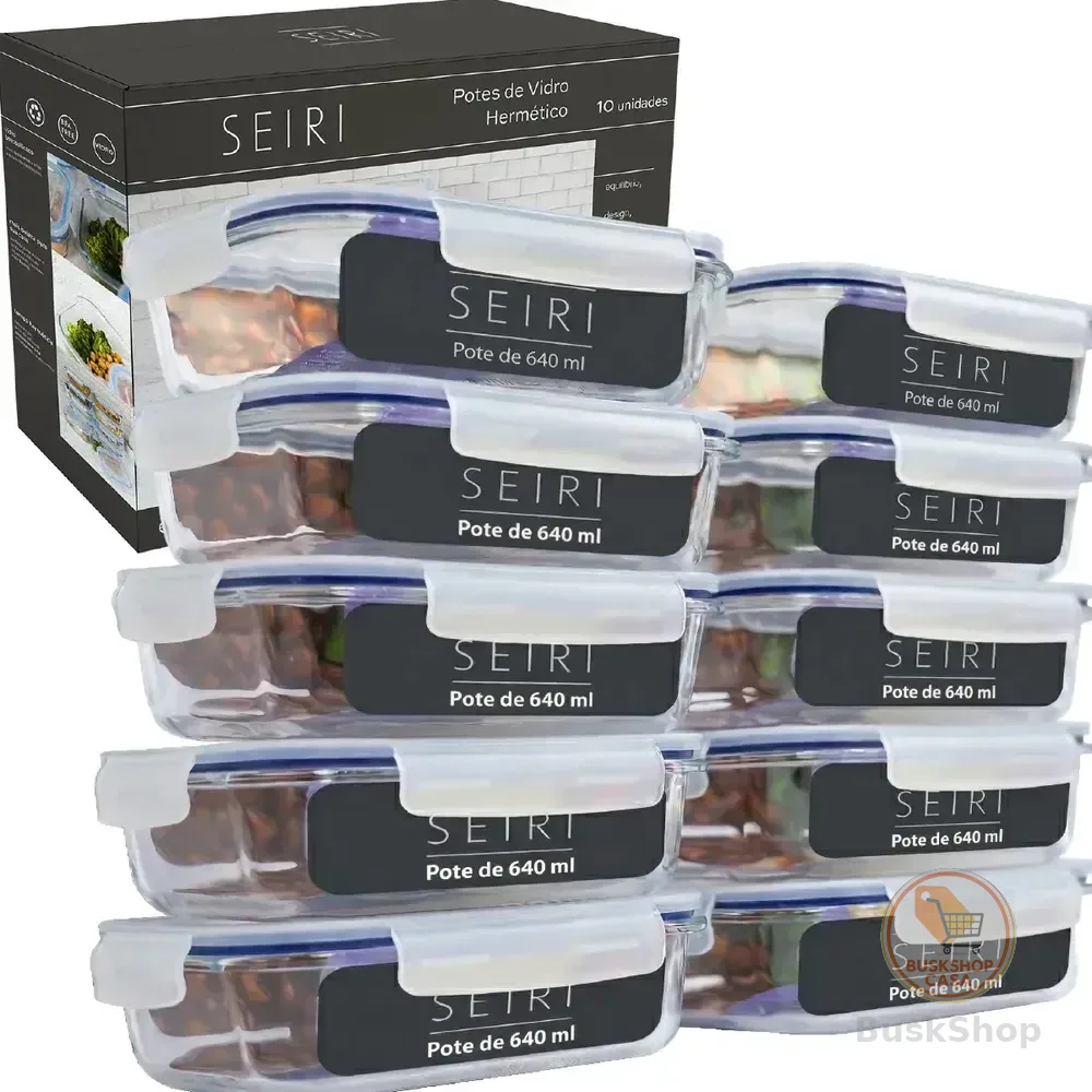 Kit 10 Pote De Vidro Marmita Hermético 640ml Freezer Fitness Borossilicato 4 Travas Micro-ondas Azul-escuro