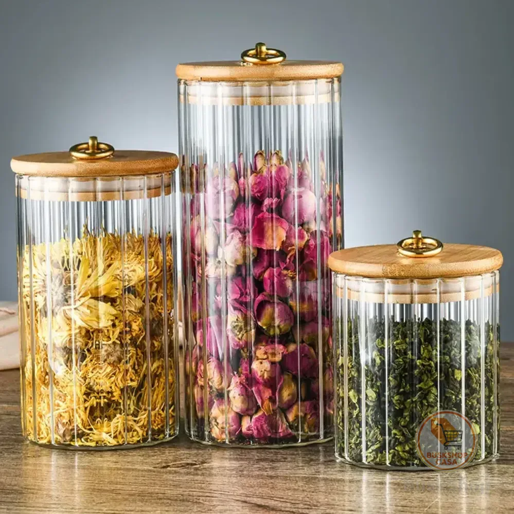 Kit 3 Potes De Vidro Com Tampa De Bambu Hermeticos Cozinha Transparente