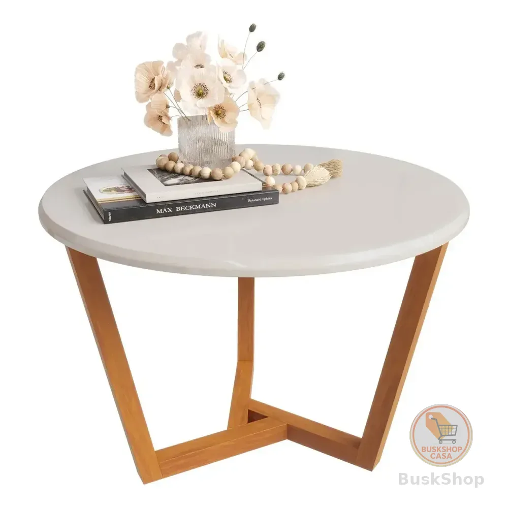 Mesa De Centro Redonda Sala Lateral Canto Pés Madeira Off White Doce Morada Móveis