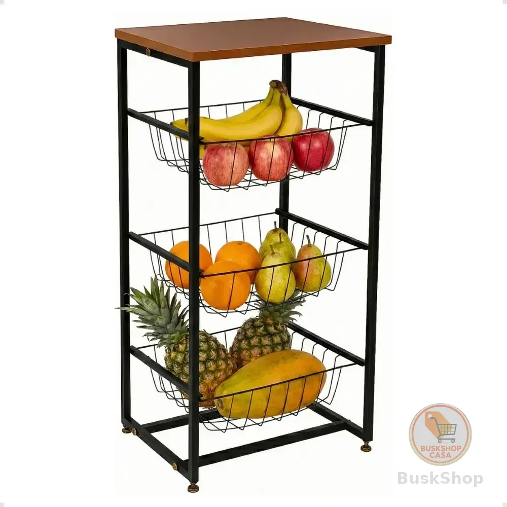 Fruteira Chão Cozinha Mesa Bebedouro Suporte Microondas Aço Preto / Freijó