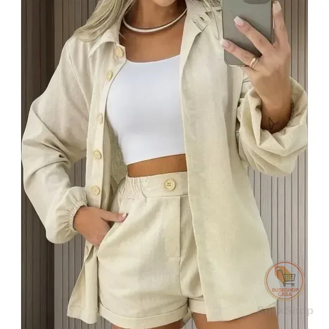 Conjunto Linho Feminino Camisa E Short Linha Premium
