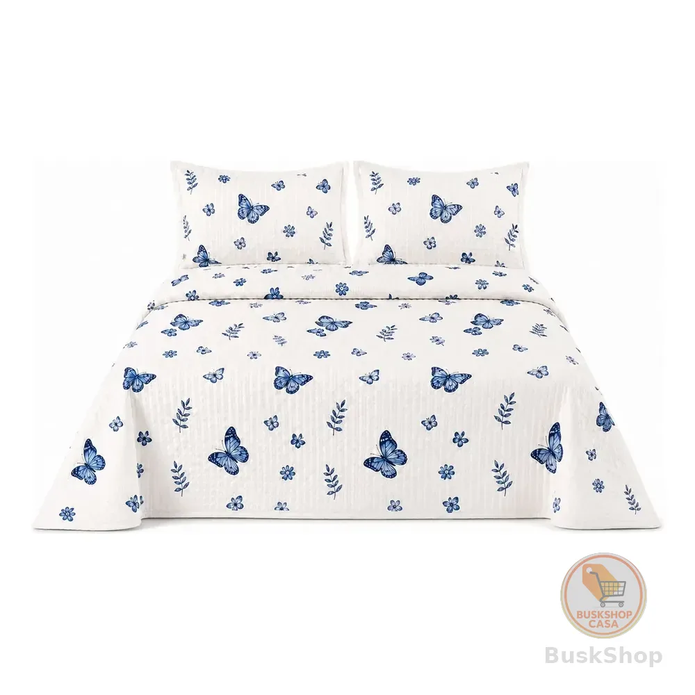 Colcha Cobre Leito Casal/queen Texturato Borboleta Azul Borboleta Azul Borboleta Azul Estampado