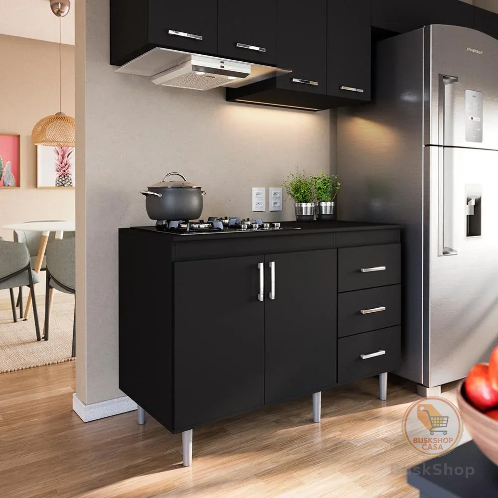 Balcão de Cozinha 1,20m Para Cooktop 5 Bocas 2 Portas E 3 Gavetas Turim Preto Lojas Movelove