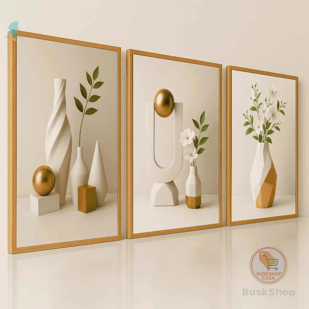 Quadros Decorativos Trio Abstrato Moderno Vaso Geométrico Branco Sala Quarto