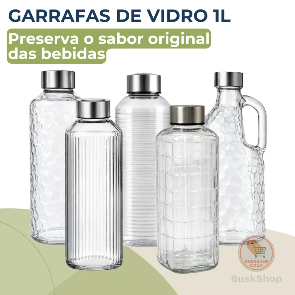 Garrafa de Vidro 1 Litro Tampa Inox Água Suco Geladeira