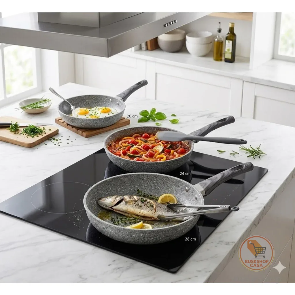 Conjunto de 3 Frigideiras Revestimento Cerâmico Inducao 20- 24- 28 cm Cabo Silicone Não Gruda