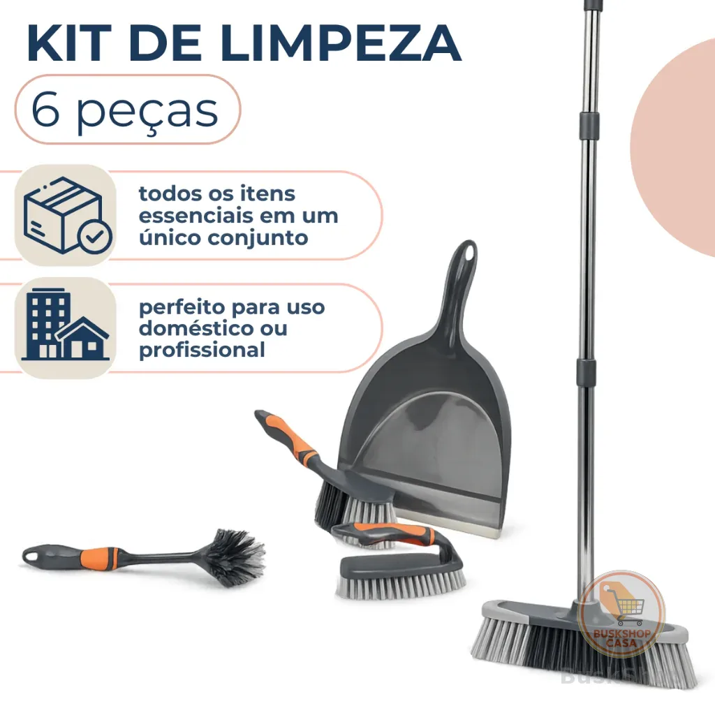 Kit Limpeza Completo 6 Peças Vassoura Cabo Inox Acessórios de Limpeza
