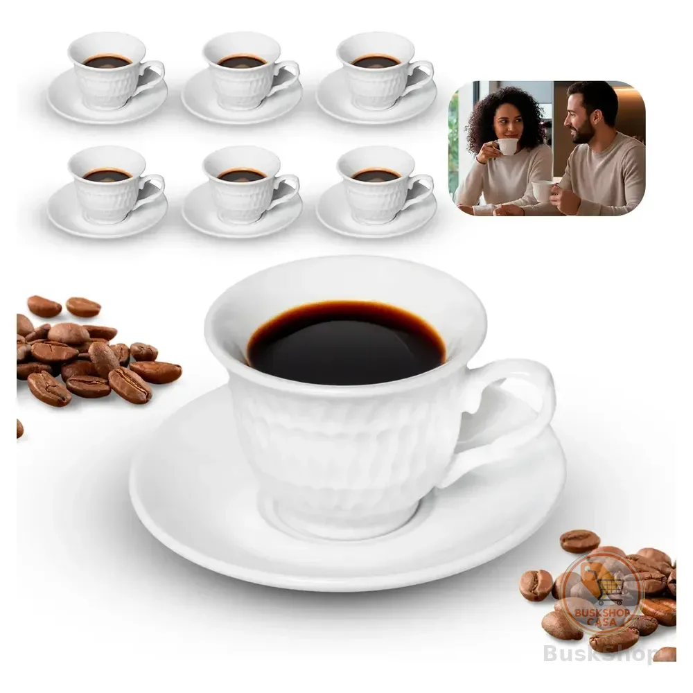 Jogo Xícaras Café Brancas Com Pires 12 Peças Porcelana 90ml Branco Com Relevo Premium