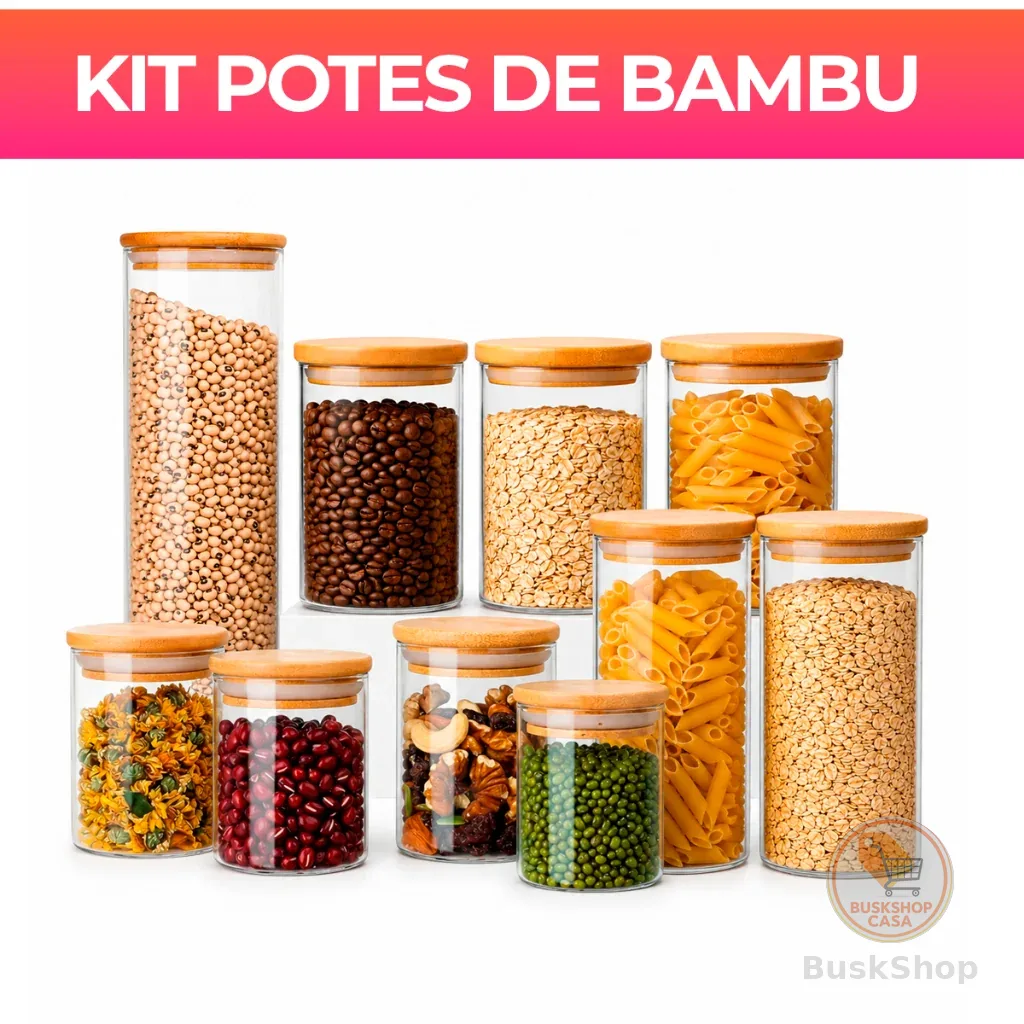 Kit Potes de Vidro 200/300/550/2000ml com Tampa de Bambu Hermético Mantimentos Condimentos Empilhaveis