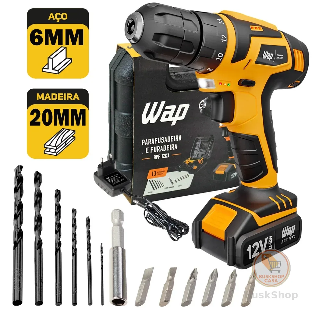 Parafusadeira Furadeira Sem Fio 12V Com Maleta Brocas e Acessórios BPF 12K3 Wap